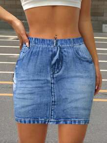 INAWLY Women Denim Print Bodycon Skirt - Blue - View 1