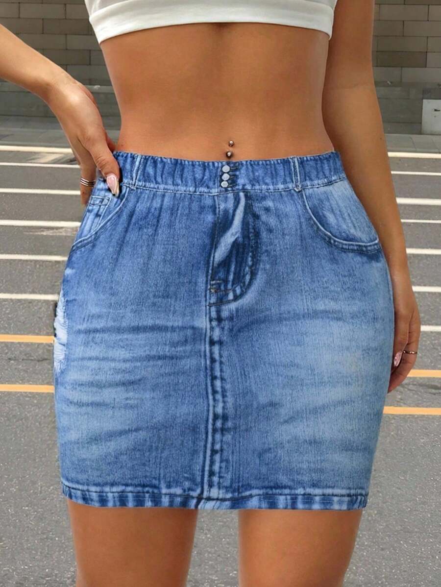 INAWLY Women Denim Print Bodycon Skirt - Blue - View 1