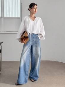 DAZY Blusa de mujer de manga larga con bordado floral, estilo bohemio, casual y suelto, para resort, con cuello alto y cordón, ropa casual de trabajo para mujer