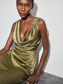 Maija Váy dài dệt vàng ôm sát tinh tế với thiết kế trơn bán trong suốt, váy satin vàng cổ chữ V sâu, váy vàng dự tiệc thanh lịch cho nữ mùa thu, giáng sinh - xanh quân đội - Xem 5