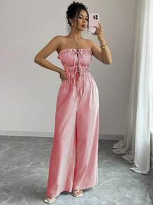 Elenzga Jumpsuit Bandeau Bergaris Kasual Wanita untuk Musim Panas - Merah - View 5