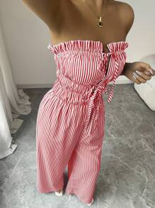 Elenzga Jumpsuit Bandeau Bergaris Kasual Wanita untuk Musim Panas - Merah - View 6