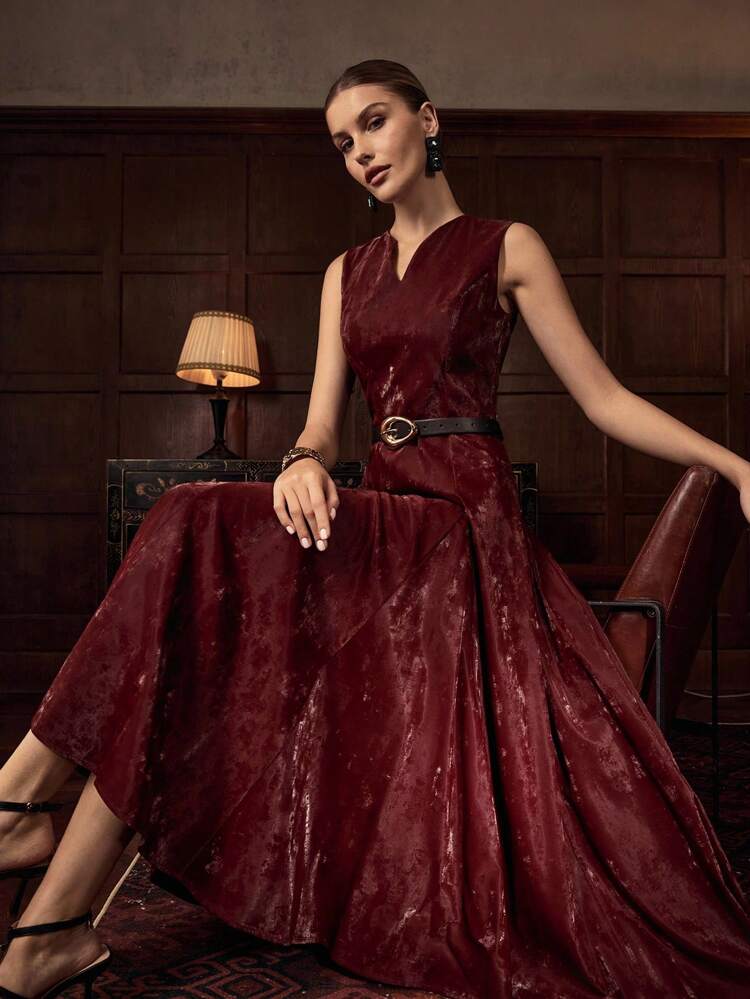 ZEYLAH Elegant Flare Hem Cinched Waist Sleeveless Women's Dress For Autumn/Winter