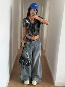 StreetHx Áo sơ mi tay ngắn in chữ kẻ sọc giản dị phong cách đường phố dành cho nữ - màu đen - Xem 3