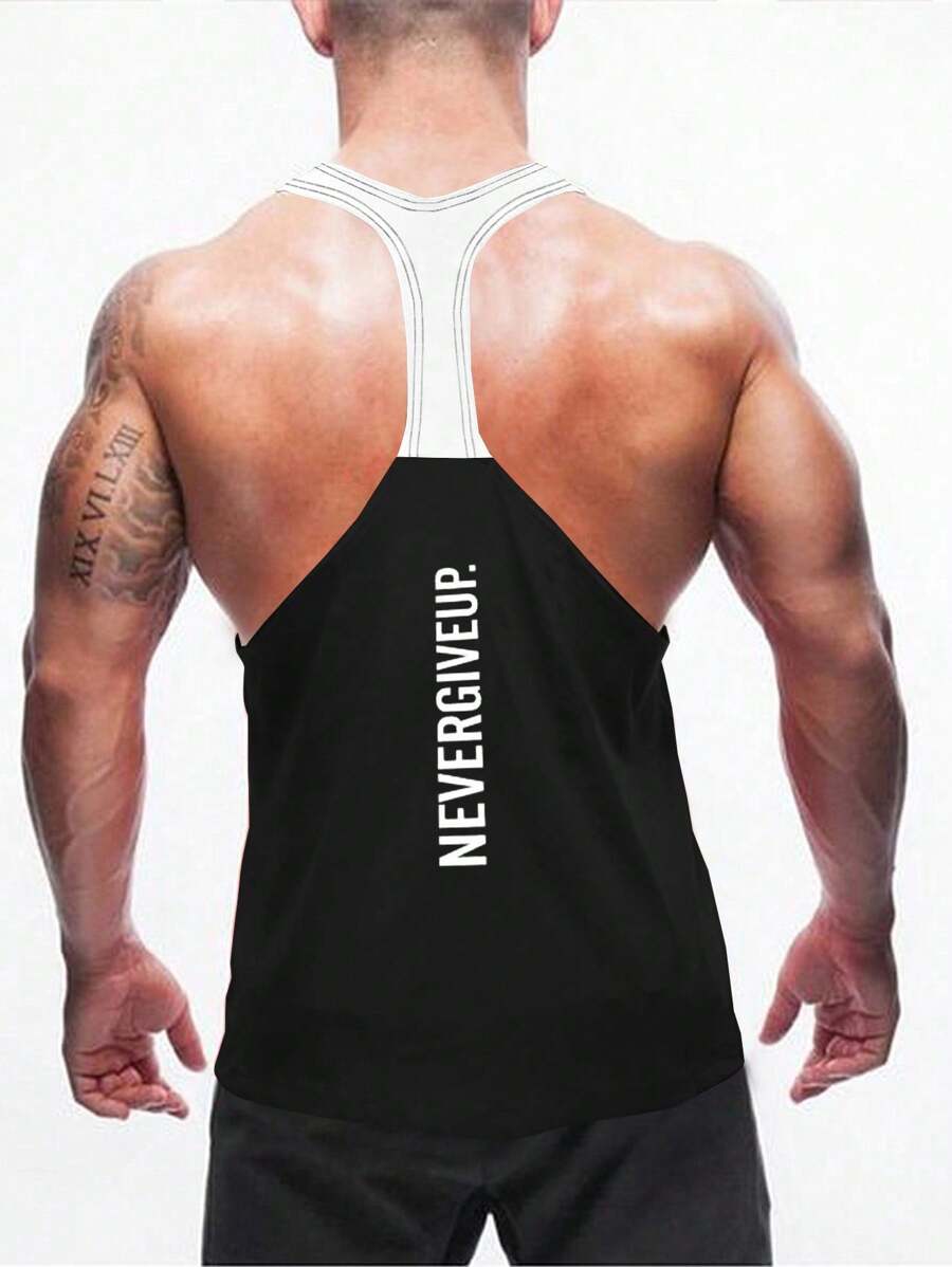 GymBeat 男士运动无袖运动 T 恤、吊带、背心 - 训练和健身房和健身垂袖剪裁吸湿排汗、透气、速干黑色常规剪裁面料圆领中度弹力 - 男士字母印花撞色圆领运动背心健身上衣健身房上衣透气 - 黑色 - 查看 1
