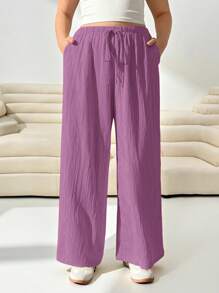SHEIN EZwear 女士加大码宽松梭织休闲长裤，紫丁香色 - 紫丁香色 - 查看 7