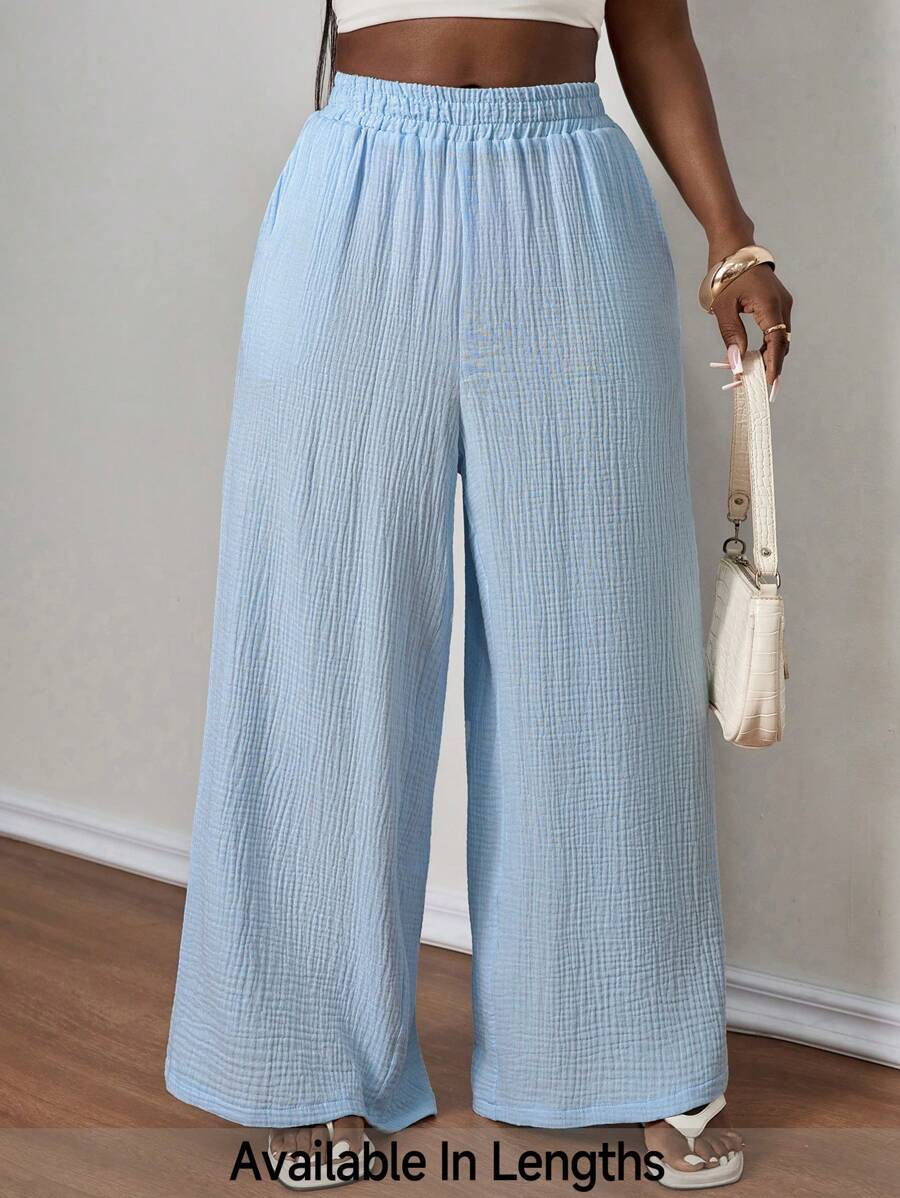 SHEIN PETITE CURVE Pantalon casual de grande taille, couleur unie, adapté pour l'été - Bleu ciel - Voir 1