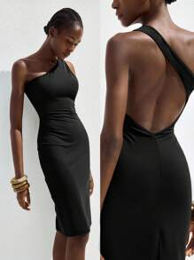 Maija 2025秋季现代都市不对称露背开衩黑色中长连衣裙，适合春夏复古音乐节派对，都市通勤，优雅复古风格，女士办公室穿着 - 黑色 - 查看 1