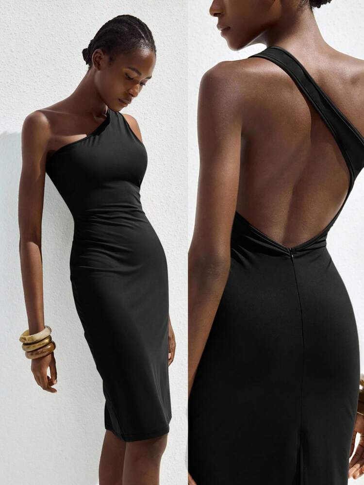 SHEIN Maija 2025 Autumn Modern City Asymmetric Backless Slit Black Mid-Length Dress, Suitable For Spring/Summer Retro Music Festival Party, Urban Commute, Elegant Vintage Style, Office Wear For Women, Christmas Women's Clothing