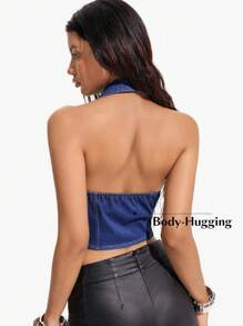 Flexra Sleeveless Solid Color Front Button Neck Backless Denim Jacket - Dark Wash - View 2