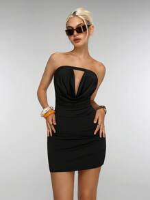 Jeanoix Women's Black Strapless Draped Neck Rave Bodycon Mini Dress Night Out Summer - Black - View 1