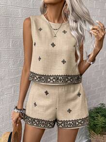 SHEIN LUNE 2pcs/Set Women Vacation Floral Print Sleeveless Shirt And Shorts Casual Set