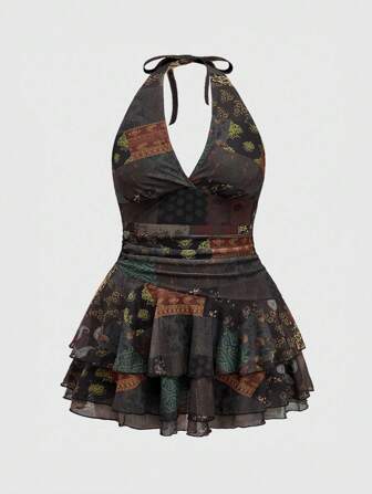 Fairycore Plus Size Women Vacation Cashew Print Ruffle Halter Dress