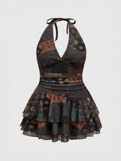 Fairycore فستان منتفخ لقياسات كبيرة للمرأة مطبوع بنقشة الكاجو، للعطلات