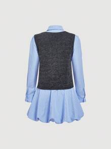 SHEIN MOD Women Blue White Stripe Puff Sleeve Casual Shirt Dress,2 In 1 Back-To-School Clothes,Autumn Office Wear,Old Money Style Teacher Outfits,Work School - Blue - View 2