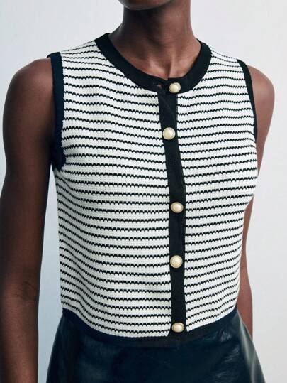 Maija Women Contrast Striped Sleeveless Knit Top Womens Vest Preppy Tops Striped Top Button-Down Vest  Going Out Tops Women Going Out Tops Going Out Outfits Tops For Going Out Off The Shoulder