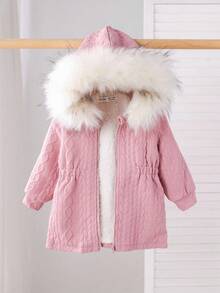 SHEIN Baby Girl Casual Fleece Hooded Jacket With Faux Fur Collar, Autumn & Winter Fall - Pink - View 3
