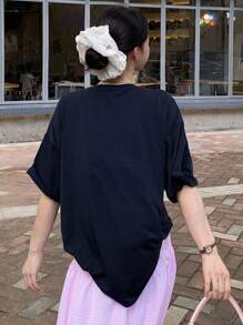 DAZY Camiseta de mujer suelta y casual de cuello redondo, manga corta, con estampado de perro, para calle, de verano, camiseta gráfica - Azul Marino - Ver 4