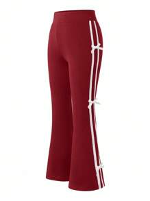 Sparklyn 条纹休闲学院风女生裤子 - 酒紅色 - 查看 9