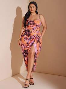 SHEIN BAE 大码女式加大夏季常规/节日/约会/派对V领开衩拼色扎染印花连衣裙/万圣节大码服装/婚礼宾客礼服 - 彩色 - 查看 2