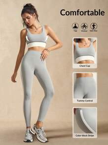 VARSITIE Seturi de antrenament pentru femei, camisol cu patchwork în culori contrastante și colanți sport, set de îmbrăcăminte sport pentru femei, set de yoga, colanți fără sudură cu blocuri de culori, seturi de antrenament pentru femei