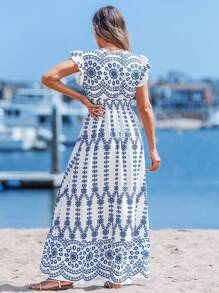 Sylviya 褶皱荷叶边盖袖荷叶边 A 字连衣裙，中国风蓝白花卉印花休闲度假优雅女士连衣裙 - 藍白色 - 查看 2