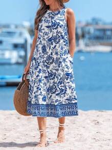 Sylviya 春夏休闲度假波西米亚风瓷器印花女士无袖中长连衣裙