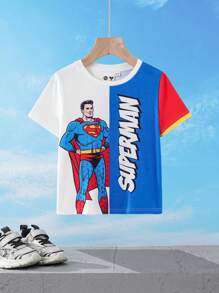SUPERMAN X SHEIN Camiseta de manga corta de verano para niño con estampado de superhéroe y letra en contraste de color, estilo casual de calle - Multicolor - Ver 1