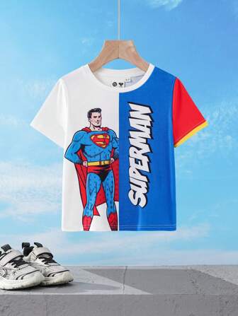 SUPERMAN X SHEIN Young Boy Casual Street Superhero & Letter Print Contrast Color Short Sleeve T-Shirt, Summer
