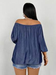 Maweii Plus Size Women's Solid Color Off Shoulder Lantern Sleeve Ruched Fashionable Blouse - Navy Blue - View 4