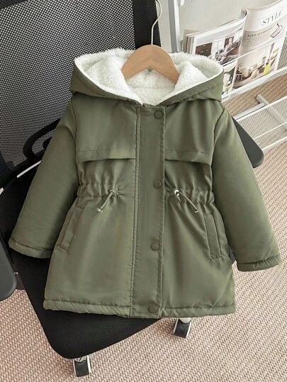 Abrigo acolchado con capucha y cintura ceñida para niñas, cierre con cremallera, cordón falso, abrigo acolchado de ajuste slim para niñas en invierno o otoño, chaqueta con capucha para niños