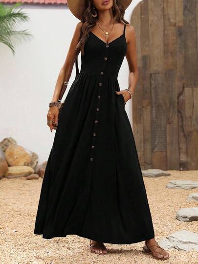 Breezaya 吊带 V 领休闲连衣裙，搭配超大 A 字形海滩风格超长度假海滩装女装