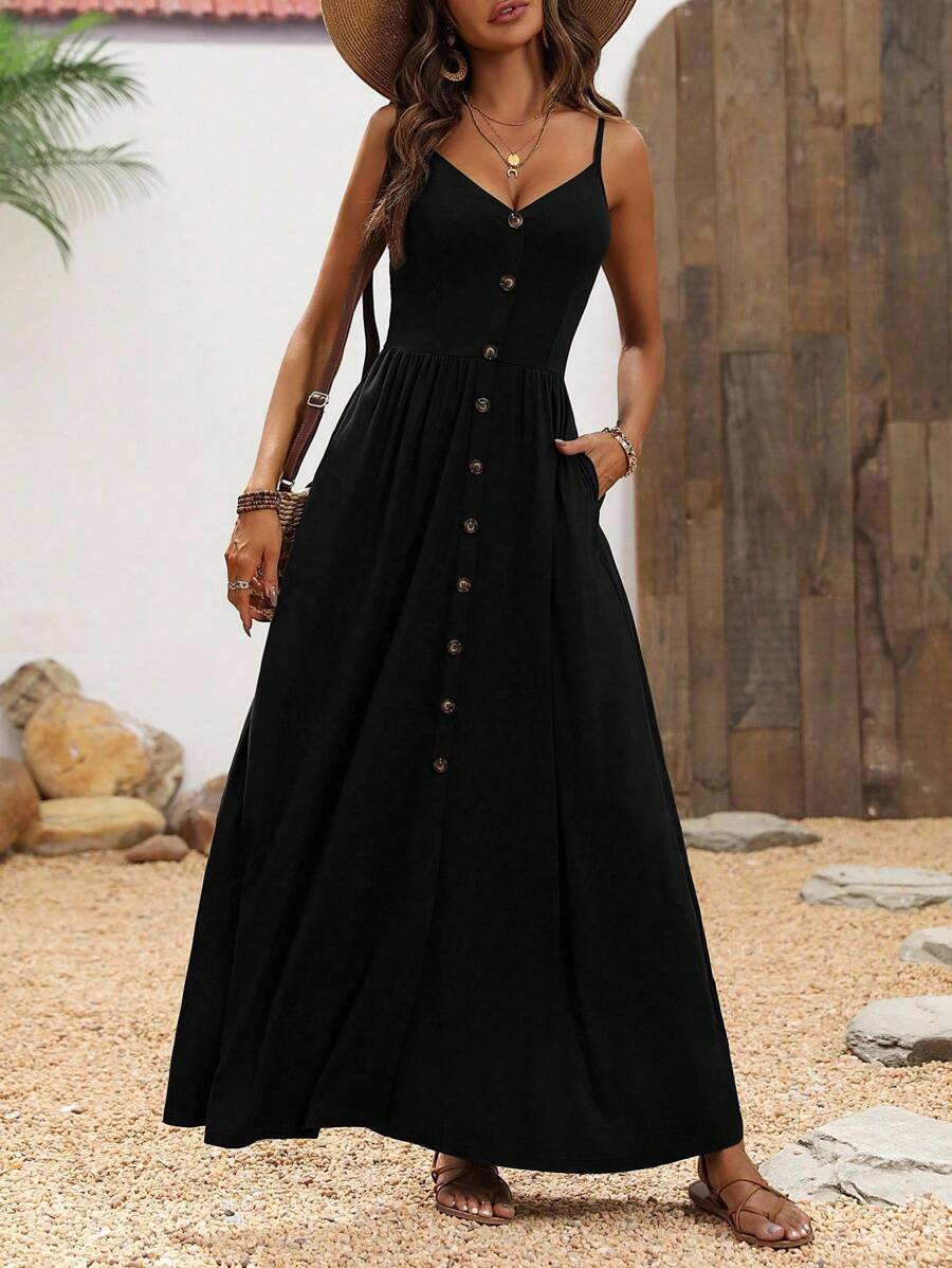 Breezaya 吊带 V 领休闲连衣裙，搭配超大 A 字形海滩风格超长度假海滩装女装 - 黑色 - 查看 1