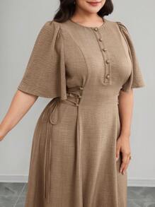 Modelyn Vestido elegante de talla grande para mujer de unicolor, con botones, media pechera, manga corta y cintura con lazo