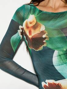 KIZN Đầm Maxi Lưới In Hoa Lan Tay Dài Dài Đến Sàn Đầm Dạ Hội Ôm Sát Thiết Kế Thực Vật Lớp Phủ Trong Suốt Cho Những Dịp Đặc Biệt Ôm Sát Đầm Dự Tiệc Cưới Mùa Xuân Hè - Màu xanh lá cây đậm - Xem 3