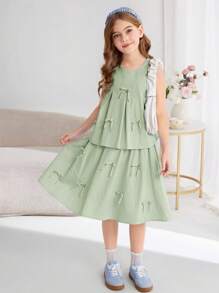SHEIN Tween Girl Casual Solid Color Round Neck Sleeveless Top & Mini Skirt 2Pcs Set - Mint Green - View 5