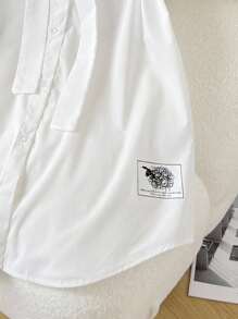 SHEIN 青少年女孩休闲舒适 Polo 领弧形下摆背面印花连衣裙