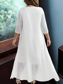 EMERY ROSE Vestido de talla grande para mujer de gasa, cuello redondo, manga 3/4, versión suelta de 2 en 1 con bordado, de largo medio - Blanco - Ver 2