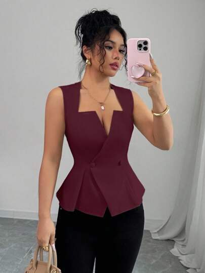 Elenzga Women's New Elegant Ruffle Collar A-Line Sleeveless Blouse, Suitable For Commuting, Vacation, Dating, Outing, Garden, Family Gathering, Labor Day, Holidays, Independence Day, Back To School, Teacher's, Halloween, Thanksgiving, Christmas