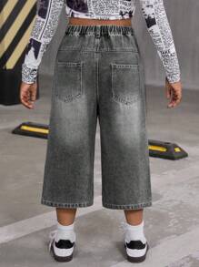 Sparklyn 女童超大水洗柔软复古休闲阔腿牛仔短裤，薄款面料，适合春夏季 - 黑色 - 查看 2