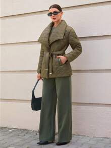 CLARA VERO Women Solid Color Padded Style Belted And Pocket Detailed Winter Coats - Khaki - View 7