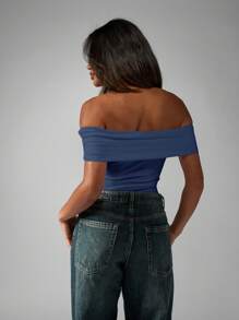 MISSGUIDED 露肩翻领紧身衣晚会芭铎风格褶皱修身连体衣休闲夏季俱乐部装优雅场合紧身衣 - 藏蓝色 - 查看 4