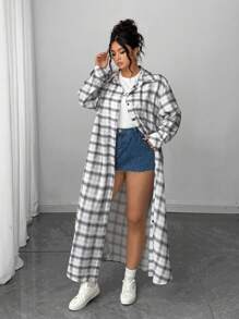 Elenzga 大码女式休闲长款单扣宽松格子夹克 - 彩色 - 查看 1