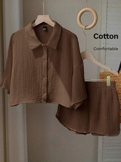 Comfortcana 2件套女士棕色度假风格衬衫和短裤套装