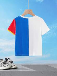 SUPERMAN X SHEIN Camiseta de manga corta de verano para niño con estampado de superhéroe y letra en contraste de color, estilo casual de calle - Multicolor - Ver 2