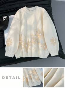 Firerie Plus Size Elegant French Embroidery Color Block Fancy Knitted Pullover Sweater Top For Women Fall/Winter - Beige - View 10