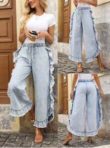 EMERY ROSE Jeans a zampa d'elefante con lavaggio effetto delavato, orlo con volant, pantaloni casual adatti per le vacanze