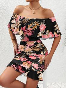 Selianne Plants Print Off Shoulder Ruffle Trim Ruched Bodycon Dress Vacation Beach Outfits Women - Black - View 3