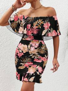 Selianne Plants Print Off Shoulder Ruffle Trim Ruched Bodycon Dress Vacation Beach Outfits Women - Black - View 4