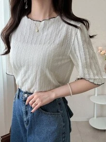 FRIFUL Women's Mesh Hollow Contrast Color Frill Trim Relaxed Fit Casual Cute Loose Short Sleeve T-Shirt, Spring/Summer Eyelet Top Summer Tops Short Sleeve Tops Knit Tops Women Tops - Beige - View 4